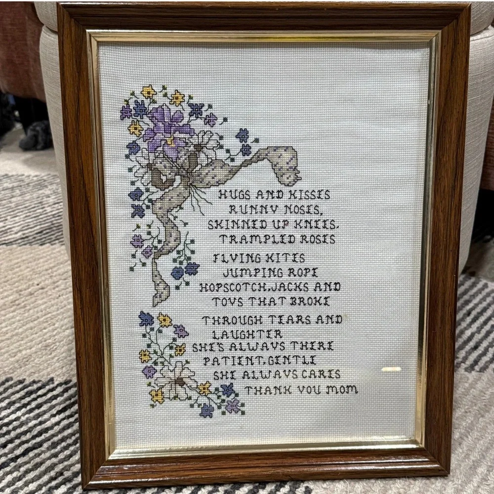 Vintage Handmade Cross Stitch Framed Wall Art Thank You Mom Poem Floral Decor‎